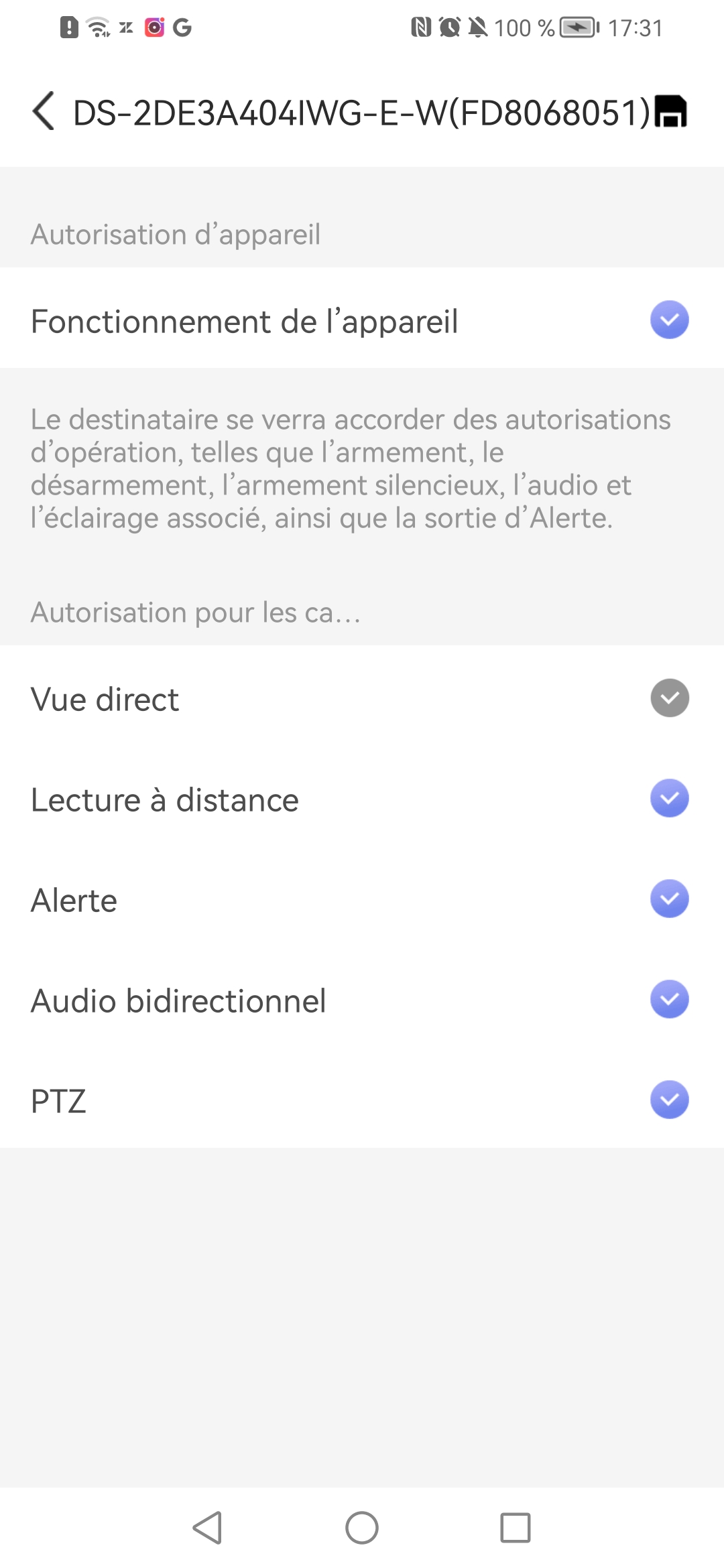 Cases à cocher des droits du partage
