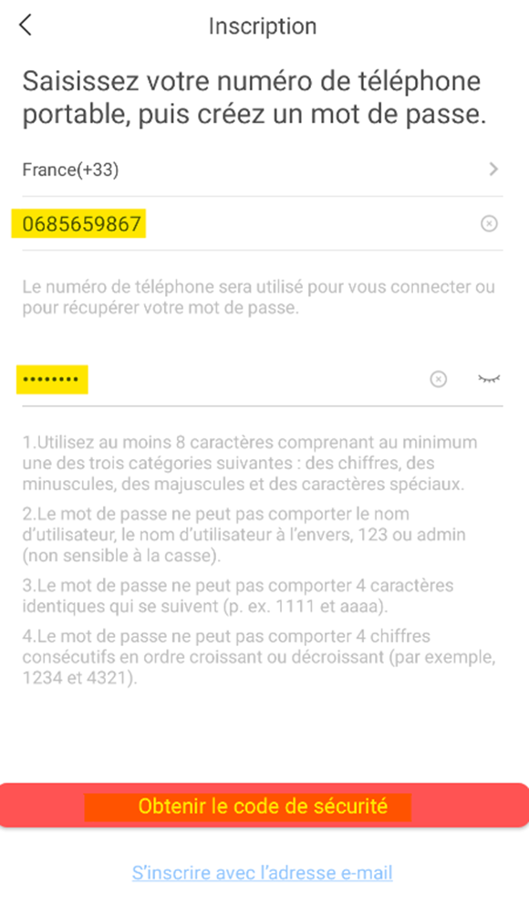 Saisie du numéro et du mot de passe