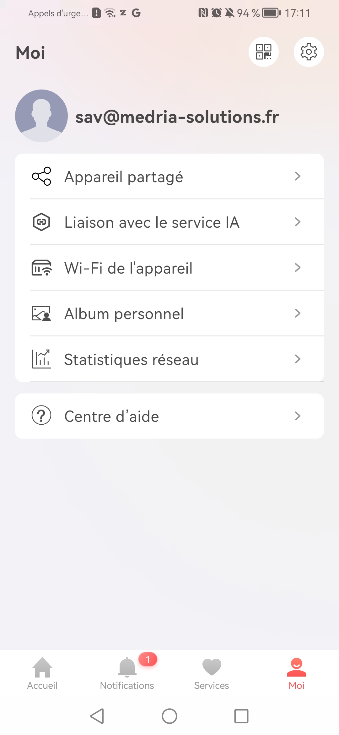 Menu Appareil partagé