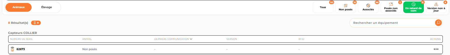 Collier éteint dans la liste des équipements