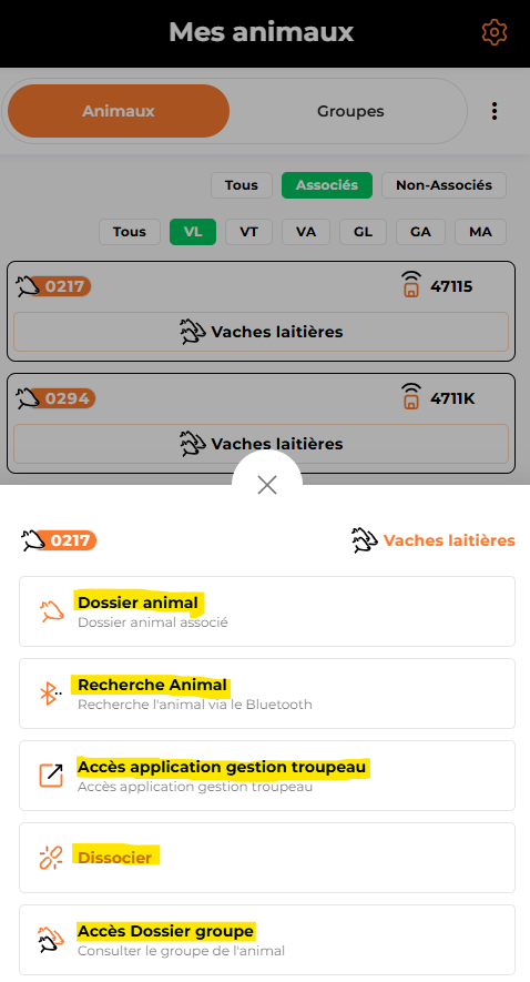Menu des actions sur un animal, depuis le téléphone