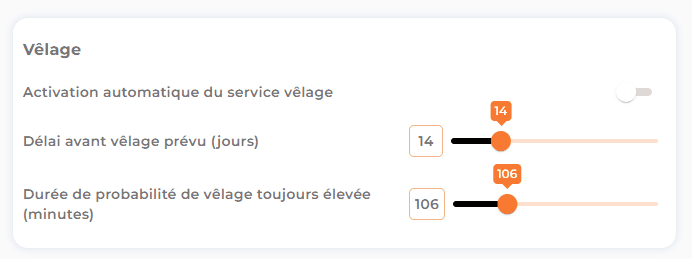 Paramètres du service vêlage