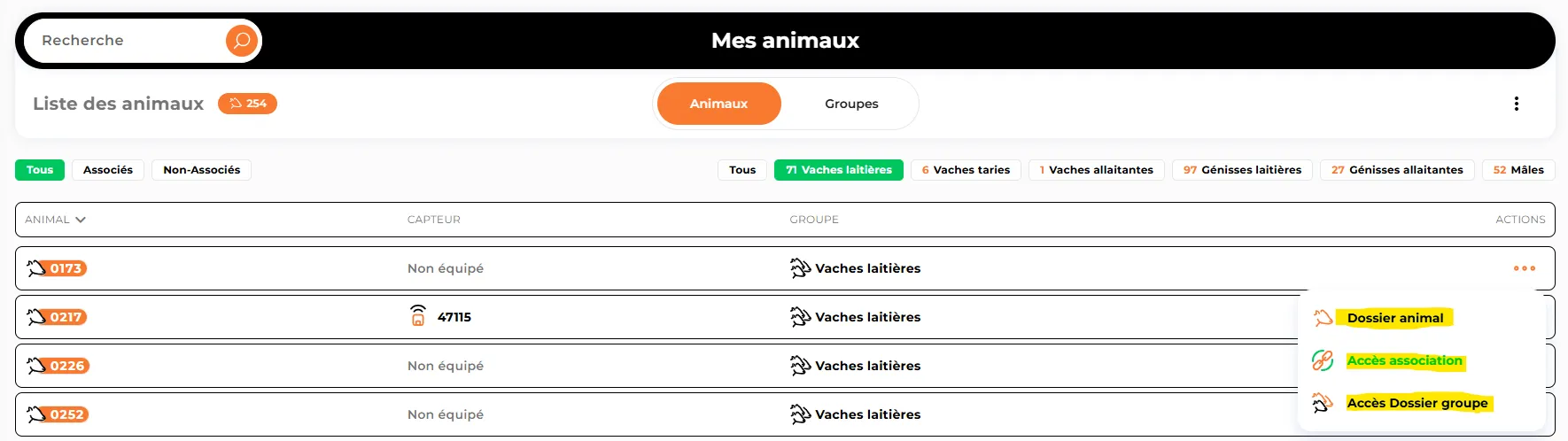Animal list on a computer